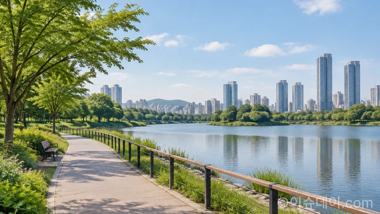 도심 호수공원 수변 산책로와 도심 건물들이 보이는 풍경