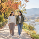 하천 변 산책로를 걸으며 정답게 대화를 나누는 두 여성의 뒷모습