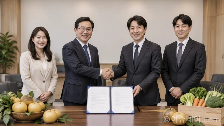 천안시청 회의실에서 천안시와 우아한형제들 관계자들이 농특산물 온라인 판로 확대를 위한 업무협약을 체결하는 장면