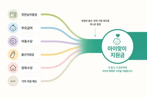기존의 분산된 출산 지원금이 아이맞이 지원금 하나로 통합되는 과정을 보여주는 도표