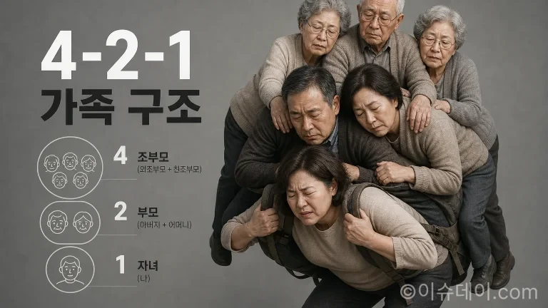 한 명의 자녀가 부모와 조부모를 부양하는 4-2-1 가족 구조를 나타낸 개념도