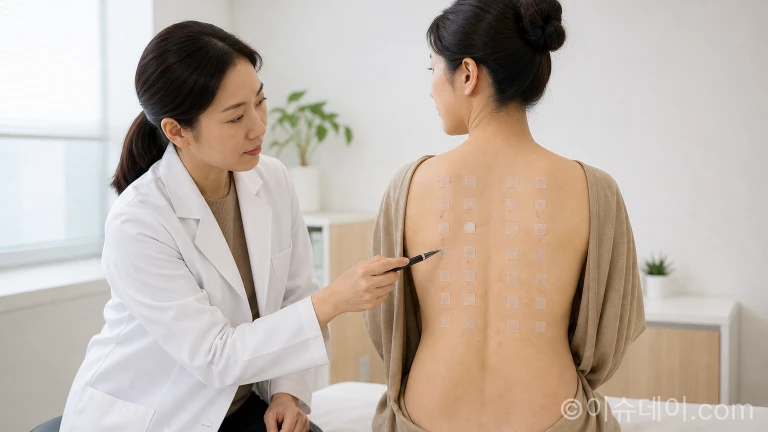 의사가 환자의 등에 붙인 첩포검사 패치를 확인하며 알레르기 반응을 살피고 있다.