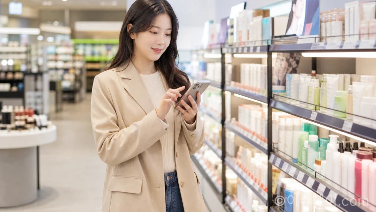 올리브영 매장에서 스마트폰 앱으로 O2O 서비스를 이용하는 고객