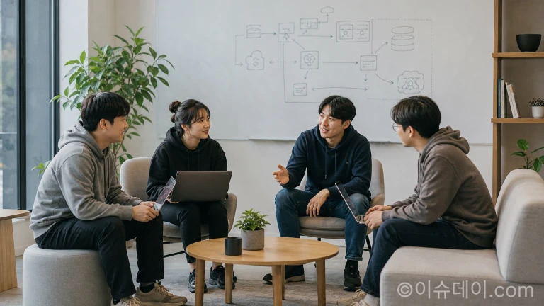 캐주얼한 복장의 개발자들이 모여 협업하며 이야기하는 모습