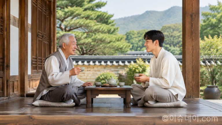 어른을 공경하며 마주 보고 앉아 대화를 나누는 모습