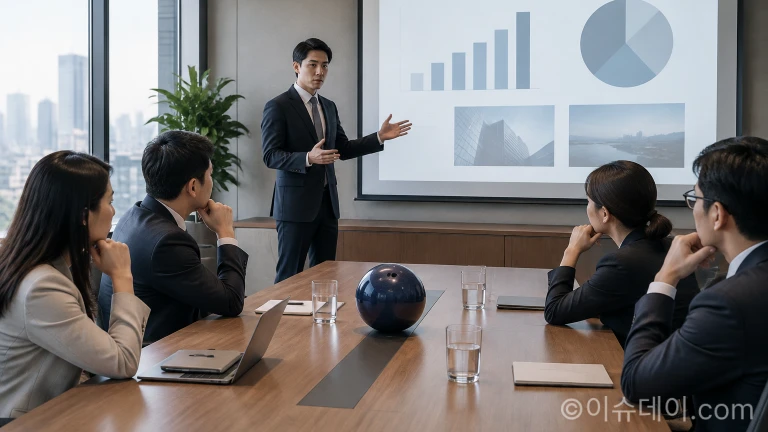 회의실 테이블에 독특한 물품을 올려두고 기획안을 발표하는 장면