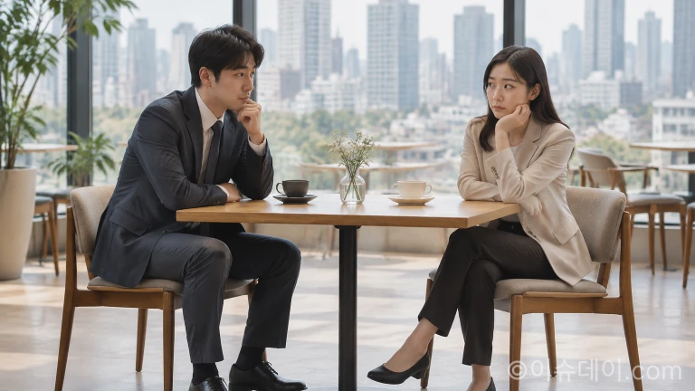 카페 테이블을 사이에 두고 마주 앉아 어색하게 대화를 나누는 직장인들의 모습