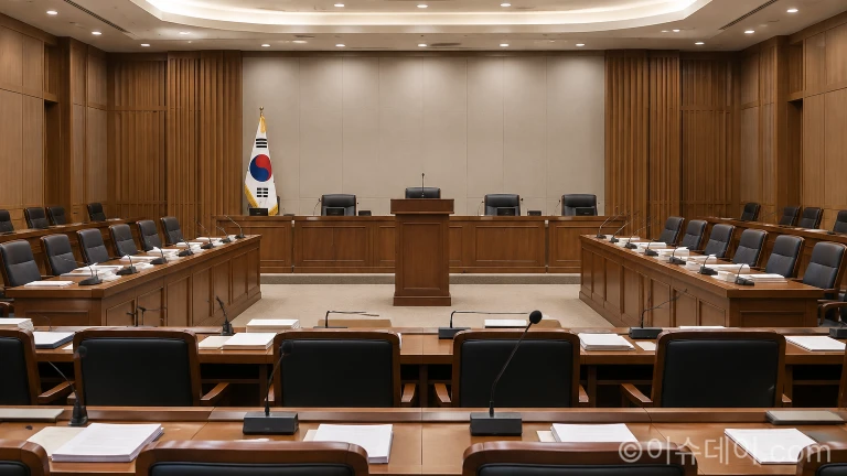 정책 보고서와 마이크가 놓인 회의실 탁자 전경