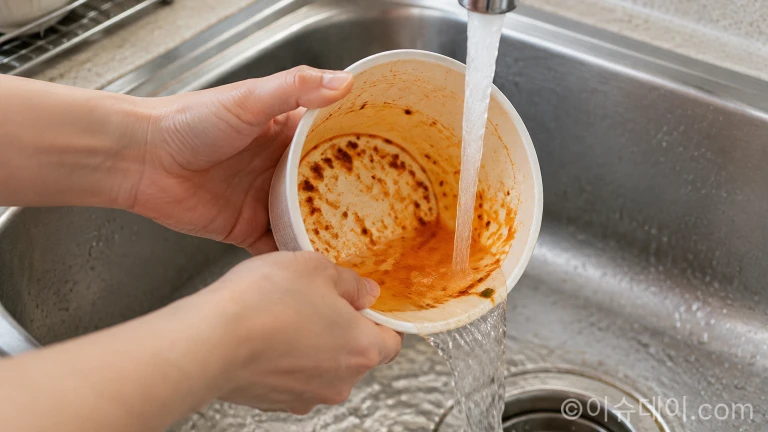 주방 싱크대 수돗물 아래에서 라면 국물이 밴 스티로폼 용기를 물로 헹구는 손의 모습