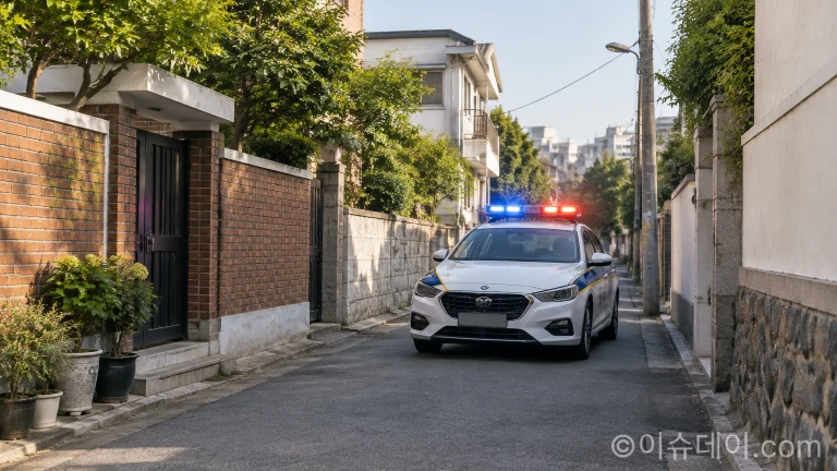 낮 시간대 주택가 골목에 출동해 정차해 있는 경찰 순찰차