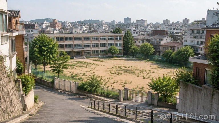 가파른 경사 지대 주택가 사이에 위치해 정적이 흐르는 도심 초등학교 운동장과 본관