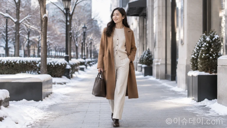 겨울 외투와 팬츠를 착용하고 도심 거리를 걷는 여성의 전신 일상복 코디