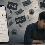 배달앱 수수료 상한제 논란을 상징하는 스마트폰과 아이콘들