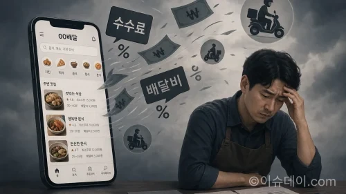 배달앱 수수료 상한제 논란을 상징하는 스마트폰과 아이콘들