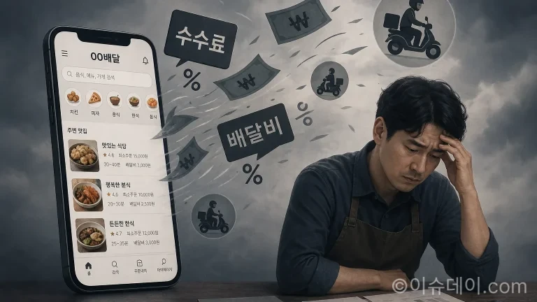 배달앱 수수료 상한제 논란을 상징하는 스마트폰과 아이콘들