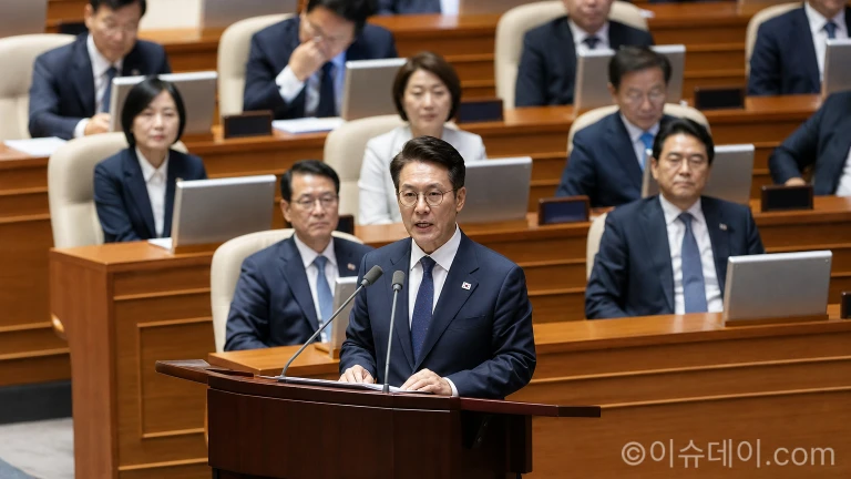 국회에서 발언하고 있는 김민석 더불어민주당 대표