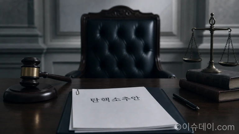 법관의 책상 위에 놓인 법전과 의사봉, 그리고 서류