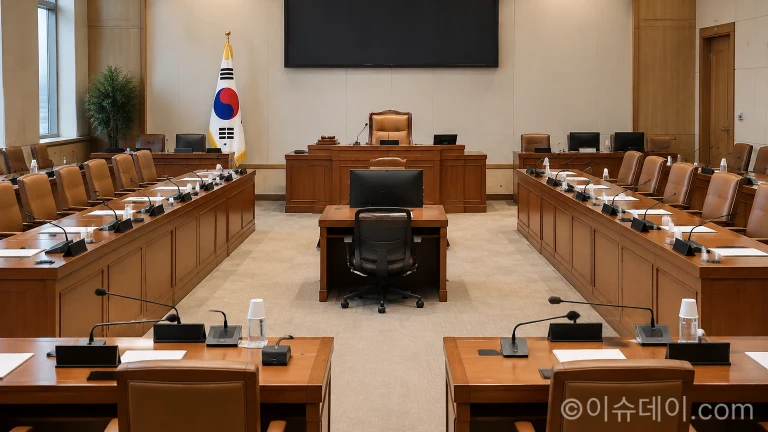 국정감사가 진행되는 국회 상임위원회 회의실 내부와 정돈된 좌석 모습