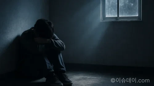 어두운 방에 홀로 앉아 정서적 고통을 겪는 사람의 모습
