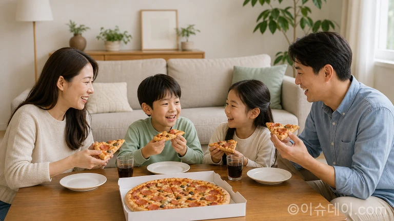 경찰 가족이 도미노피자 할인 혜택으로 피자를 즐기는 모습
