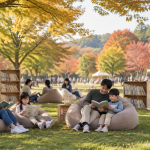 야외 잔디밭에서 시민들이 야외 독서 쉼터를 이용하며 가을 책 축제를 즐기는 모습