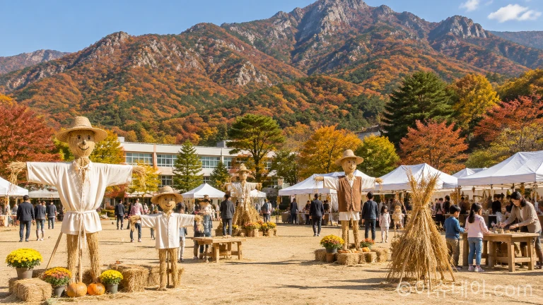가을 산자락 아래 운동장에 설치된 전통 허수아비 조형물과 민속 행사 부스 전경