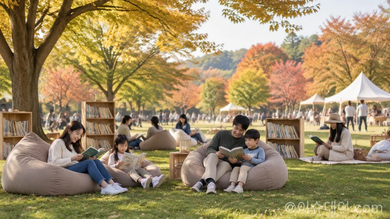 야외 잔디밭에서 시민들이 야외 독서 쉼터를 이용하며 가을 책 축제를 즐기는 모습