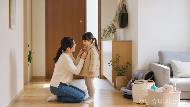출근 전 아이의 옷을 챙겨주며 등원과 가사를 준비하는 일상 풍경
