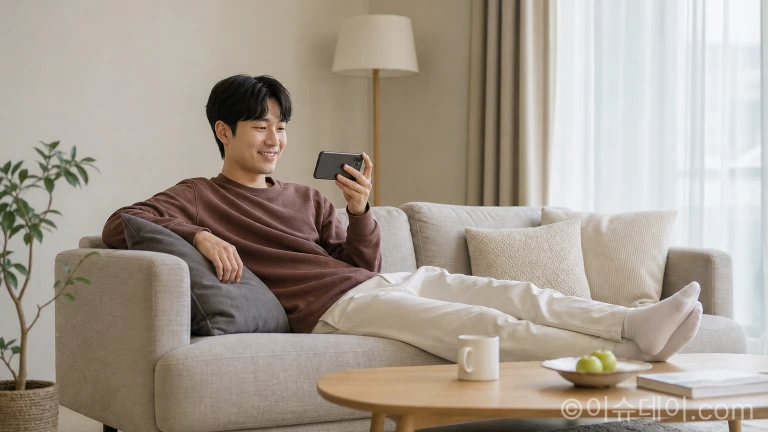 거실 소파에서 모바일 기기로 영상을 시청하며 여가를 보내는 청년