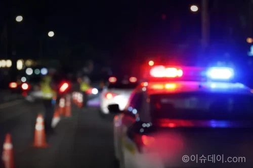 야간 도로의 경찰차 경광등 불빛