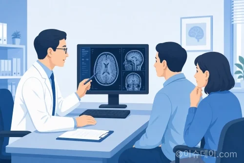 의사가 뇌 MRI 사진을 보며 환자에게 진단 결과를 설명하는 일러스트