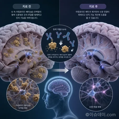 항아밀로이드 치료제가 뇌 속의 아밀로이드 플라크를 제거하는 과정에 대한 그래픽
