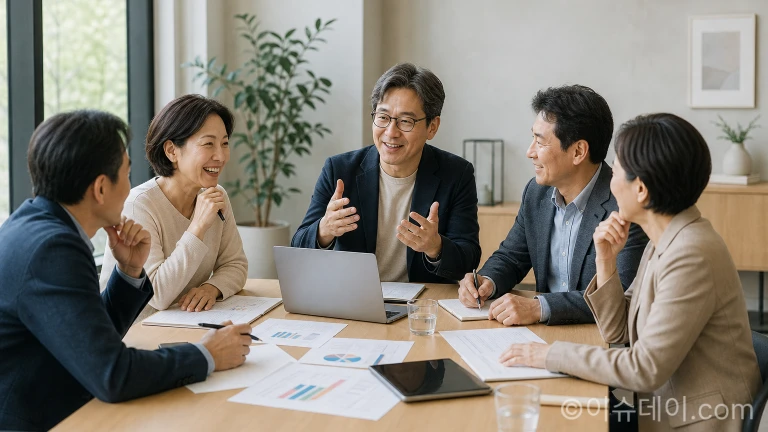 동료들과 함께 업무 관련 토론을 하며 문제 해결에 집중하는 중년 직장인들의 모습