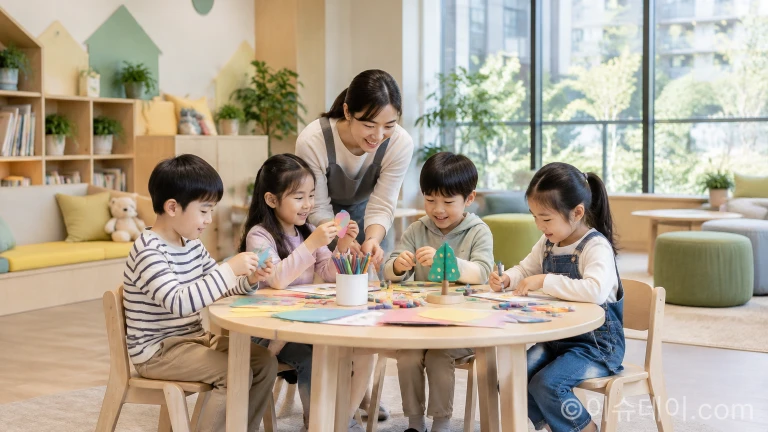 아파트 단지 안 보육 돌봄 센터에서 방과 후 활동에 참여하는 어린이들