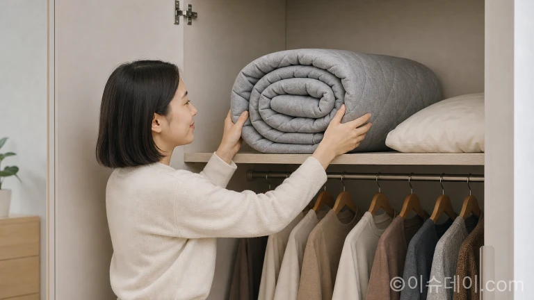 둥글게 말아서 옷장에 보관 중인 전기장판