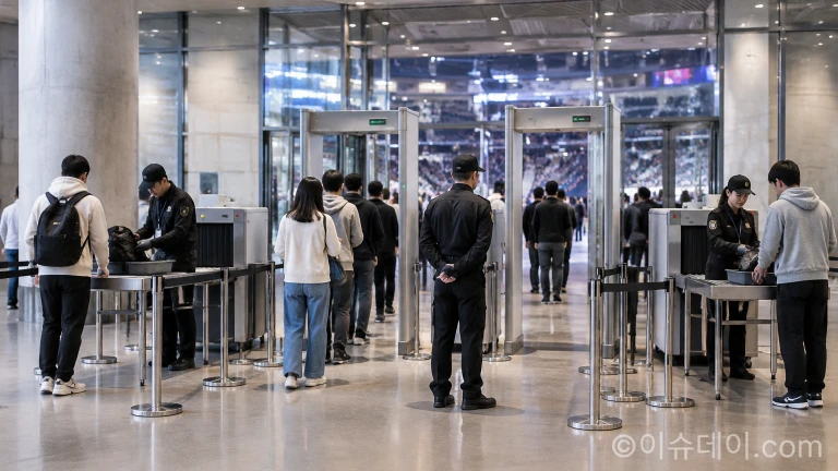 안전 점검을 진행 중인 실내 체육시설 입구 로비의 보안 구역