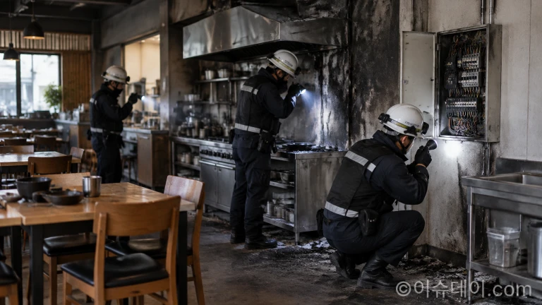 화재조사관들이 장비를 들고 건물 내부에서 화재 원인을 감식하는 모습