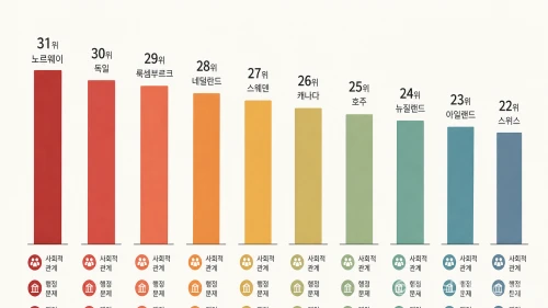 외국인이 살기 힘든 나라 종합 순위 최하위 10개국을 보여주는 막대 그래프
