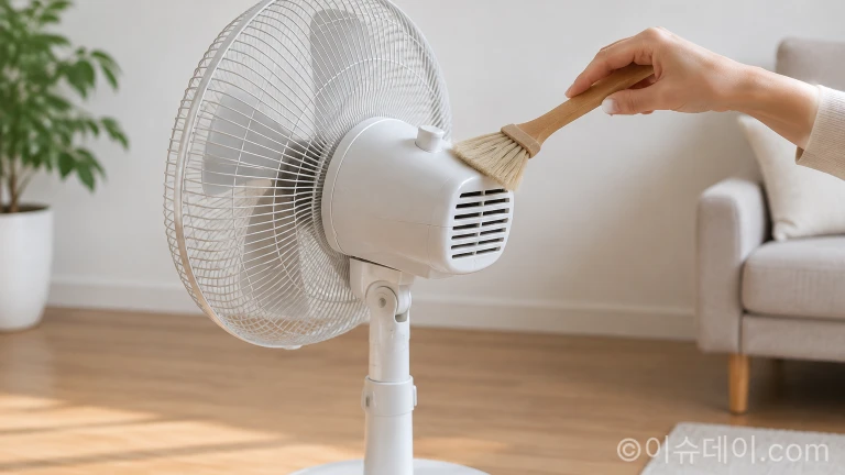 선풍기 모터 흡입구 틈새 먼지를 부드러운 브러시로 털어내는 모습