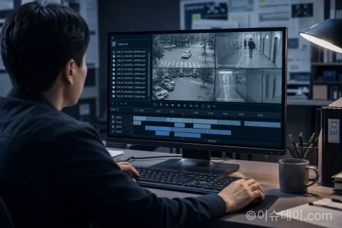 경찰이 홈캠 영상을 디지털 포렌식으로 분석하고 있는 모습
