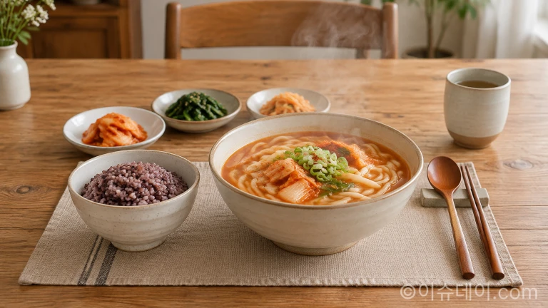 가정 식탁 위에 차려진 따뜻한 면 요리와 밥반찬 상차림