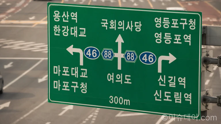 한글로 가득한 복잡한 교차로 도로 표지판