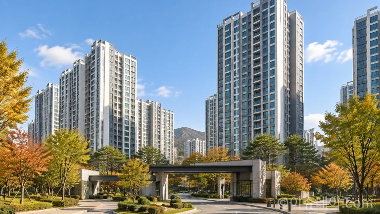 푸른 하늘 아래 우뚝 솟은 고층 아파트 단지 외관