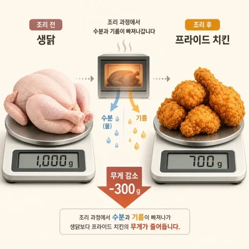 조리 전후 닭의 무게 변화를 보여주는 비교 일러스트