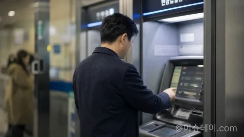 은행 ATM 기기를 사용하는 시민의 모습. 국가배후 해킹조직의 금융권 공격 사태를 배경으로 한다.