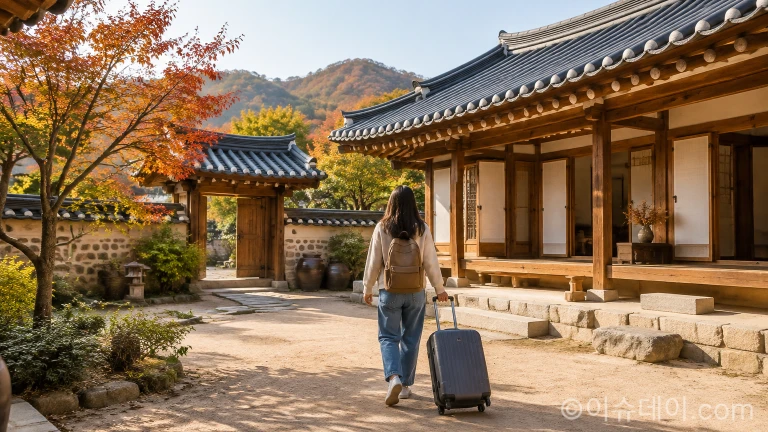 고즈넉한 한옥 숙박시설 마당과 툇마루를 바라보는 여행객의 모습