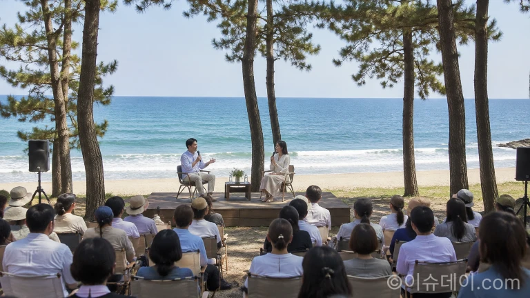 안목해변 야외 무대에서 마이크를 든 강연자와 해변 좌석에 앉아 경청하는 시민들의 북토크 현장