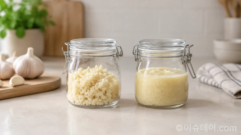칼로 다진 마늘과 기계로 곱게 갈아낸 마늘이 각각 유리 용기에 담겨 비교된 모습