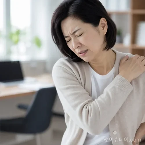 어깨 통증을 느끼며 힘들어하는 중년 여성의 모습.