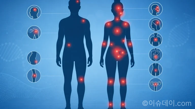 성별 통증 격차 시각화 일러스트. 여성의 신체에 남성보다 많은 통증 부위가 붉게 표시되어 있다.